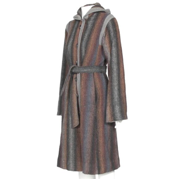 Vintage 1980s Hooded Coat Toggle Ombre Striped Wool Belted Jacket Coat sz M /912 - Picture 6 of 10